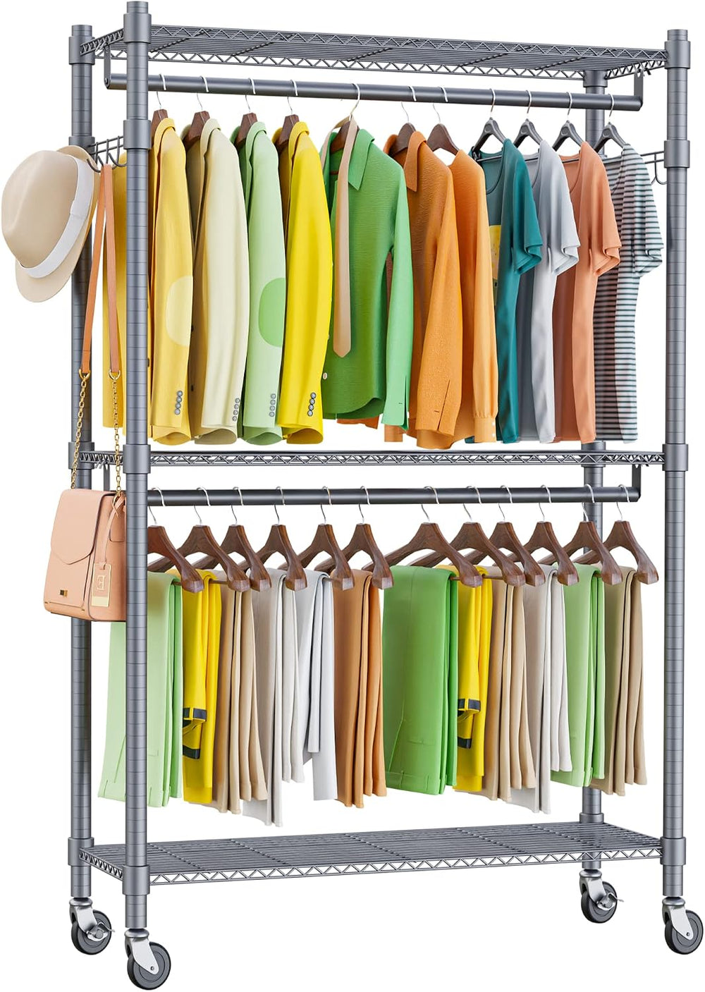 Homdox Garment Rolling Rack Clothing Rack with Double Clothes Rods and Lockab...