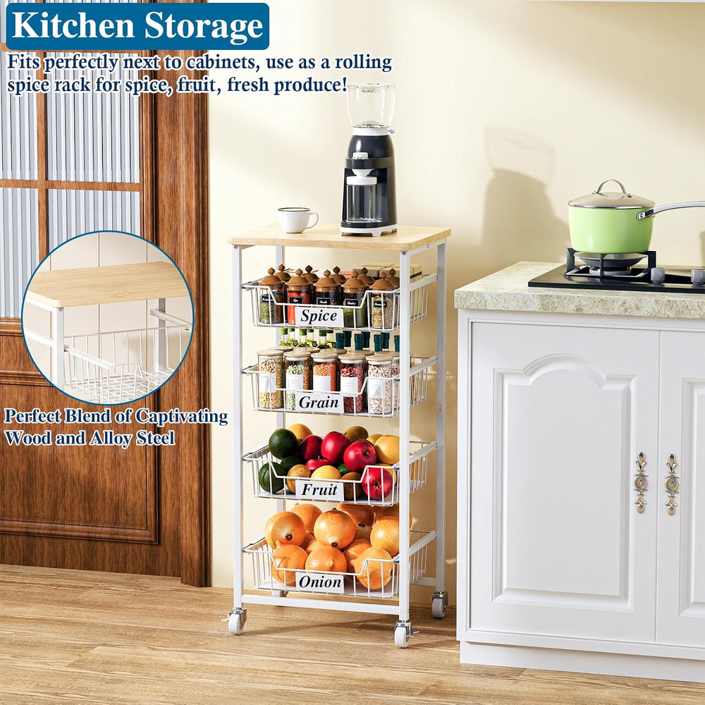 5-Tier Kitchen Storage Cart with 4 Upgraded Drawer Basket & Wood Top