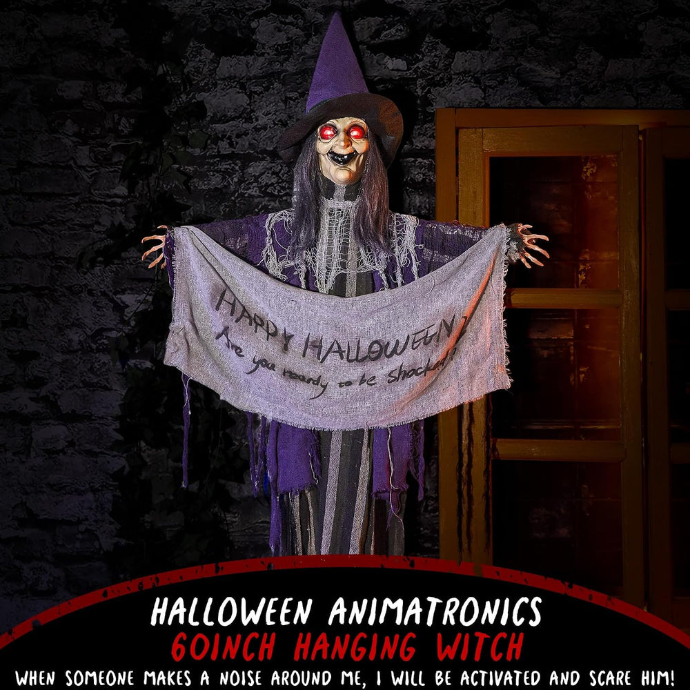 Halloween Animatronics 5ft Hanging Witch, 60inch Floating Animated Witch Deco...