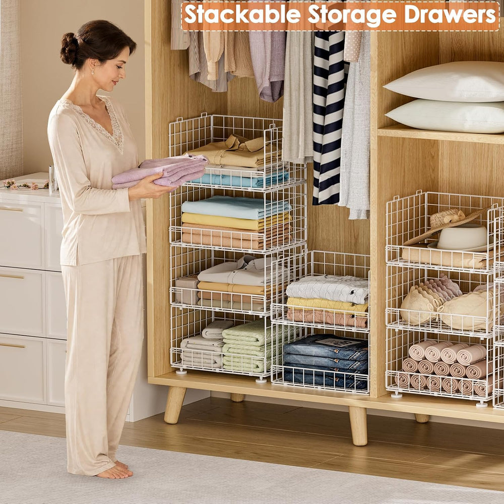 4-Tier Stackable Closet Organizers with Adjustable Feet, Foldable Closet Shel...