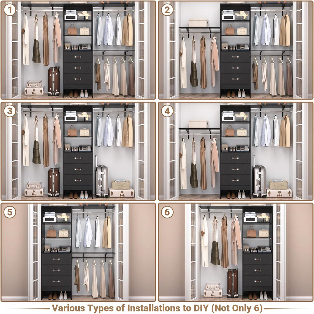 Besiost Closet System with Drawer - 8FT Wood Closet Organizer System with 3 H...