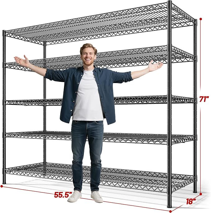 REIBII 55.5" W Storage Shelves 3200LBS Metal Shelving 5 Tier Wire Shelvi...