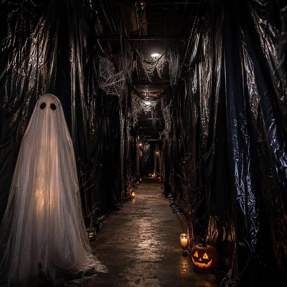 49 x 10 Ft Halloween Black Plastic Sheeting, Spooky Backdrop Decoration Kit