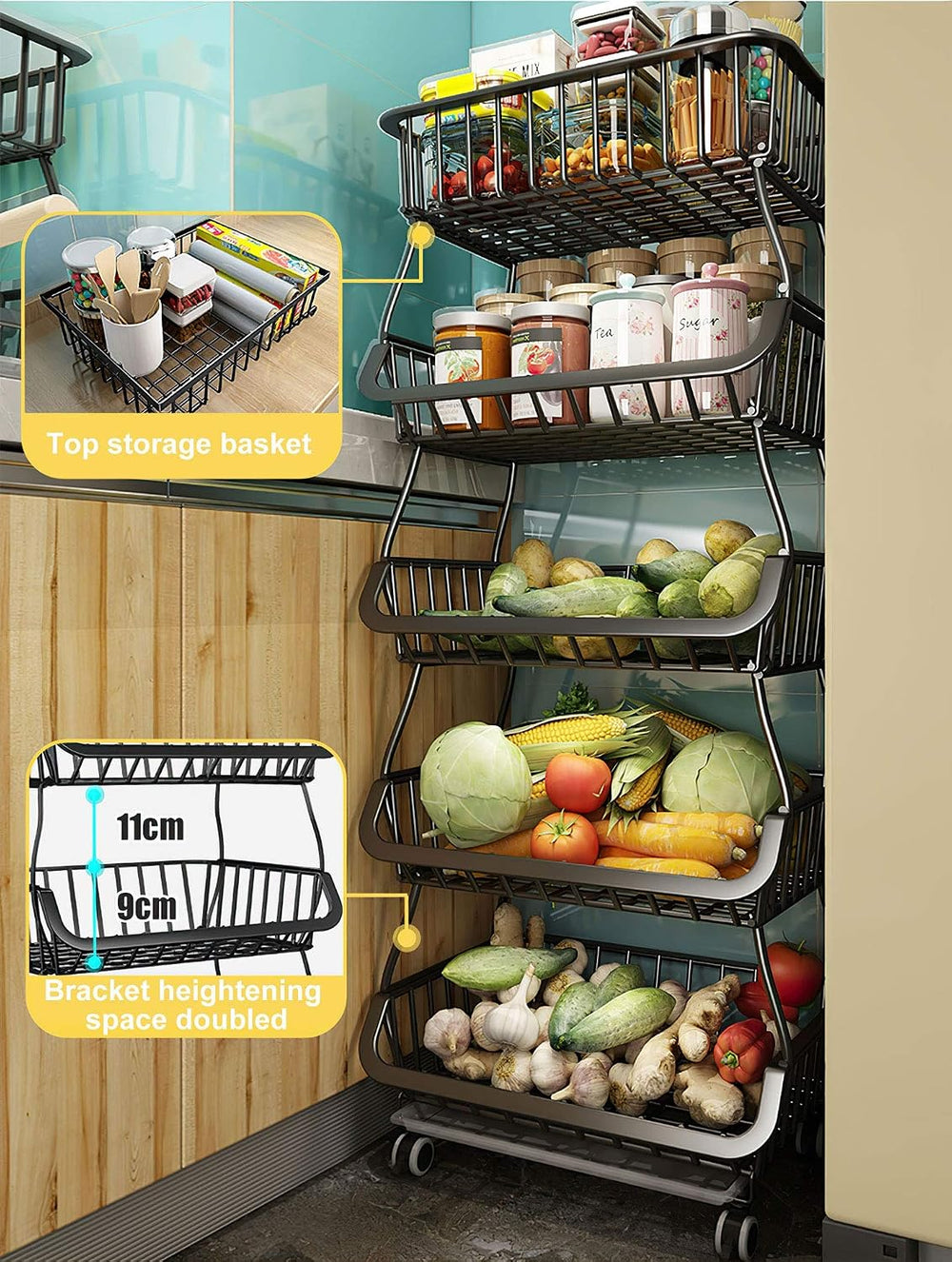 Stackable Storage Baskets 4 Tiers Wire Organizer Basket with Lockable Univers...