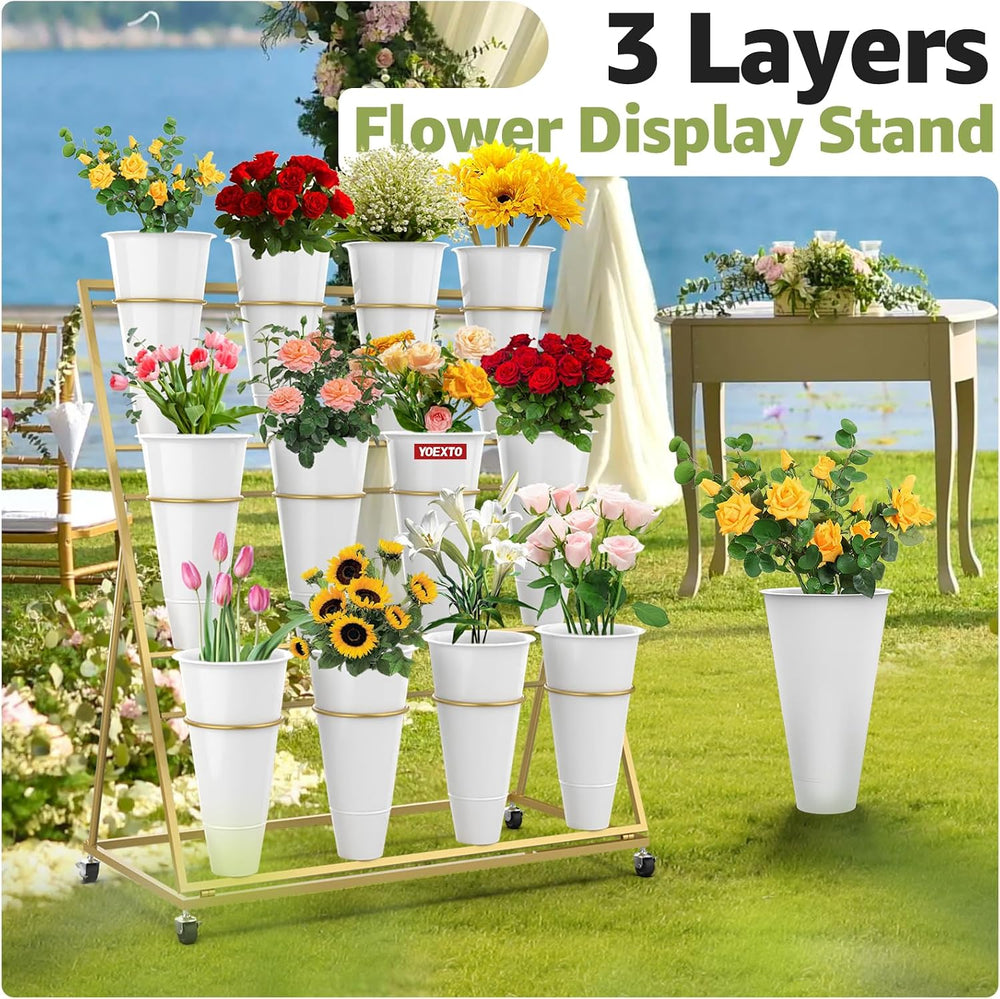 Flower Display Stand 3 Layers with 12 PCS Round Buckets, Plant Stand with Whe...