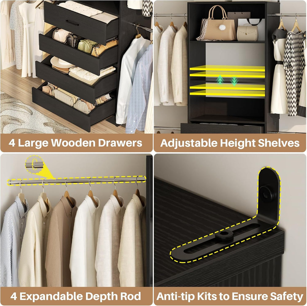 Aheaplus Closet System, 4-9Ft Closet Organizer with 4 Wooden Drawers, Black