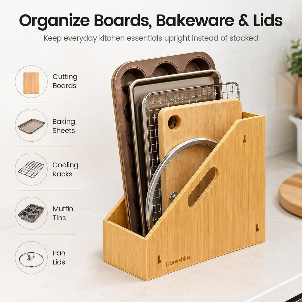 Slim Bamboo Cutting Board Holder & Baking Sheet Organizer