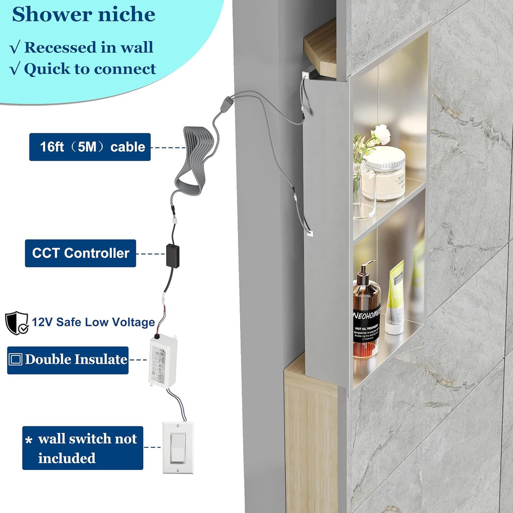 Brushed 2-Tier 3 CCT LED Niche, 12"x24" No-Tile Shower Storage