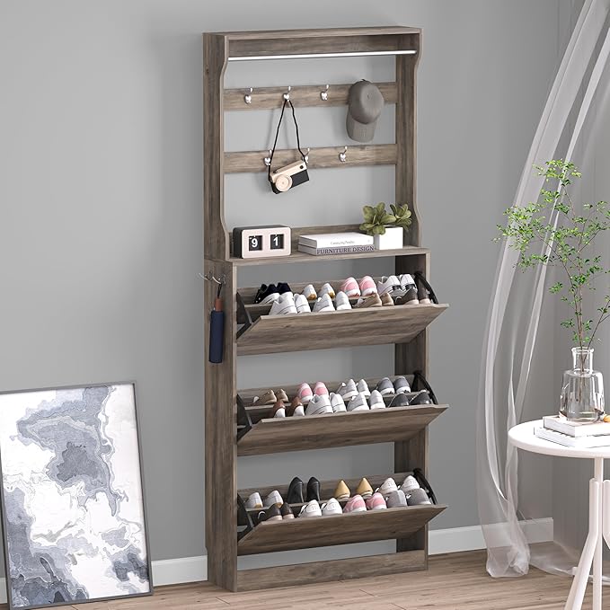 Shoe Cabinet with 3 Flip Drawers & Coat Rack, Narrow Hidden Shoe Storage ...