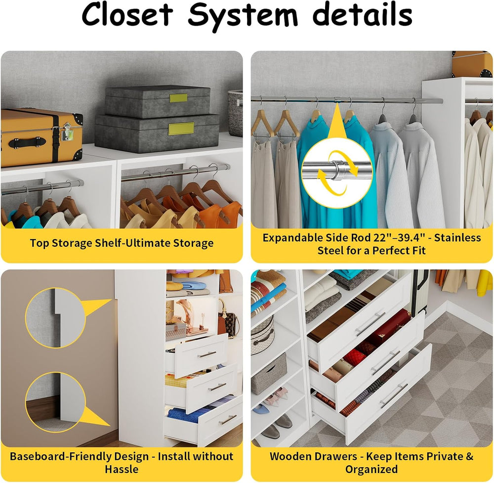 Closet System with 6 Drawers, Modular Corner Closet Organizer System with 7 H...
