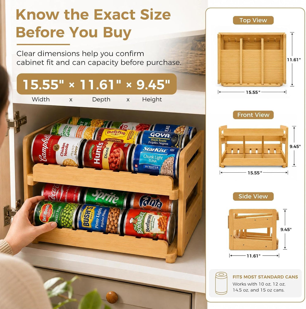 MinBoo Bamboo FIFO Can Organizer for Pantry, 24-Can Gravity Dispenser with Ad...