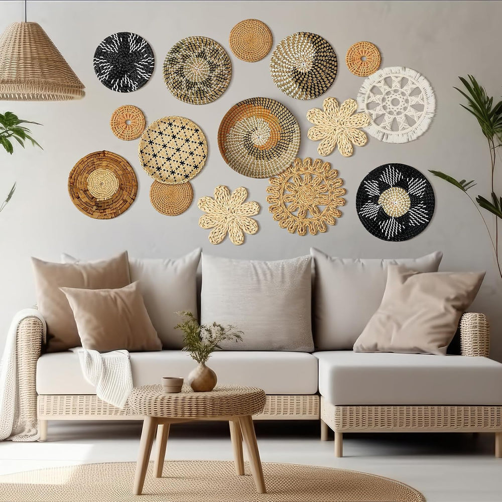 Xuhal 15 Pcs Boho Wall Basket Decor Handcrafted Seagrass Woven Wall Basket Ru...