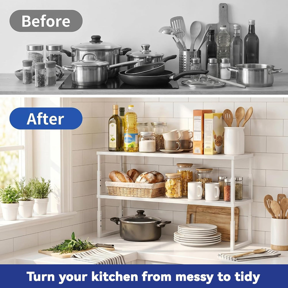 2 Packs Expandable Cabinet Shelf Organizer, Stackable Countertop Shelves