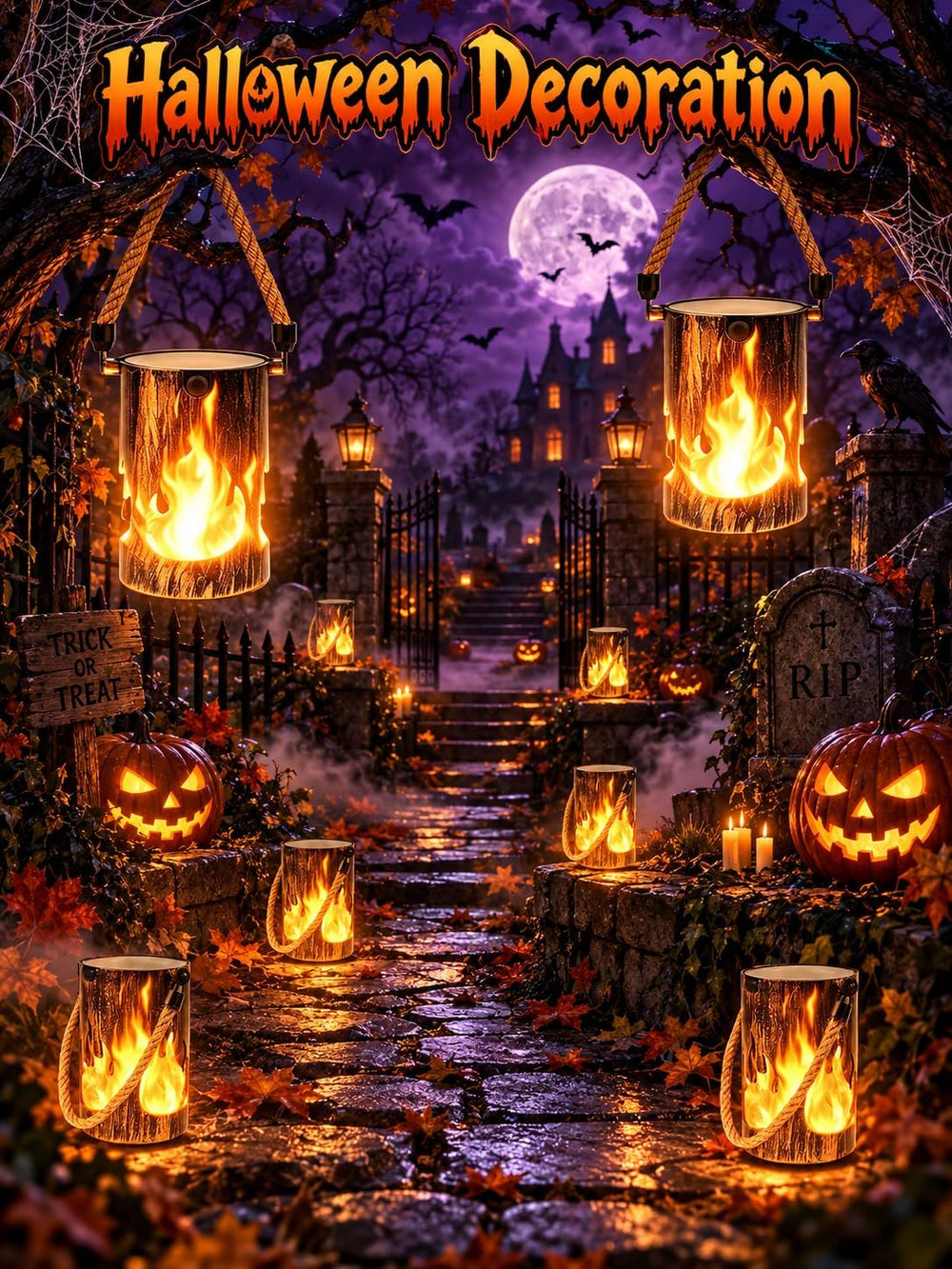 6 Pack Solar Halloween Lanterns Outdoor with Flickering Flame
