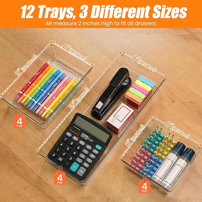 12 Pack Clear Plastic Drawer Organizer Set, Acrylic Non Slip Non Cracking