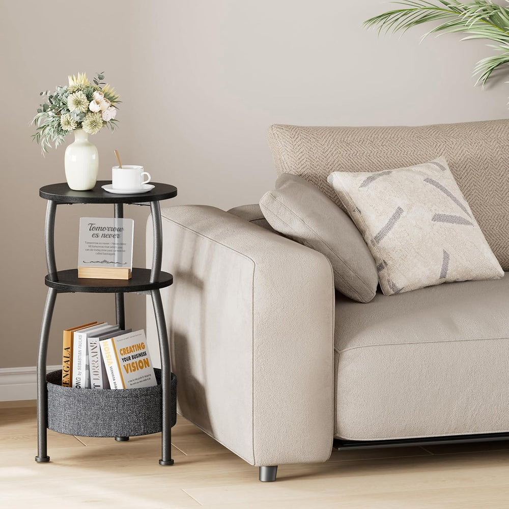 Small Round Side Table for Living Room with Storage Basket, 11.81in