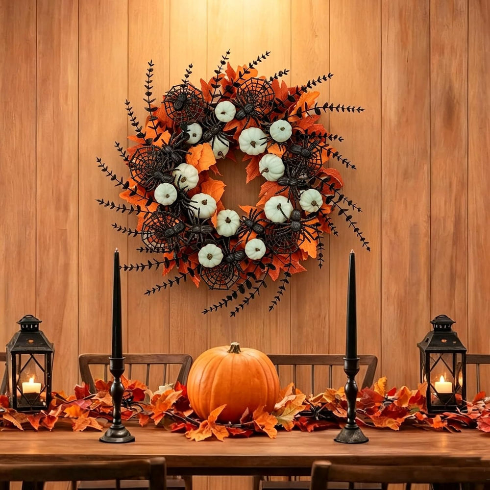 Idyllic 24" Halloween Wreath Pumpkins Maple Black Spiders for Front Door