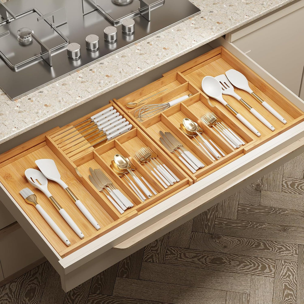 BAMEOS Expandable Silverware Drawer Organizer with Removable Knife Blocks, Ba...