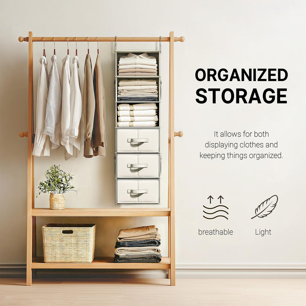 Vailando 6-Shelf Hanging Closet Organizer with 3 Fabric Drawers, Beige