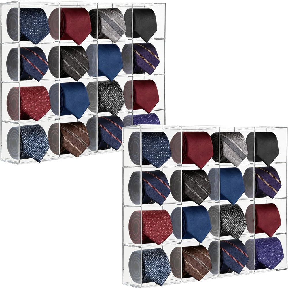 2 Pack Tie Box Organizer Wall Mounted Tie Rack Clear Acrylic with 16 Compartm...