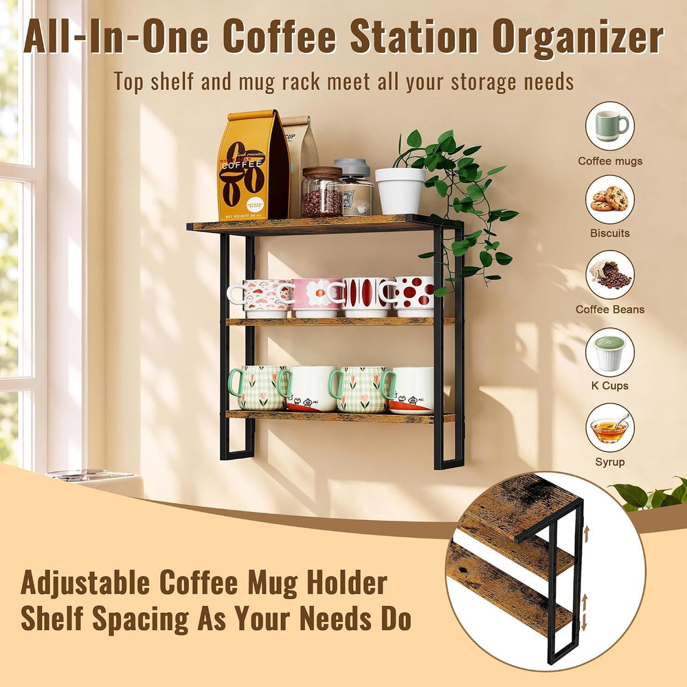 2-in-1 Coffee Cup Holder Wall Mounted, 6-Tier Wood Mug Holder Wall Mount with...