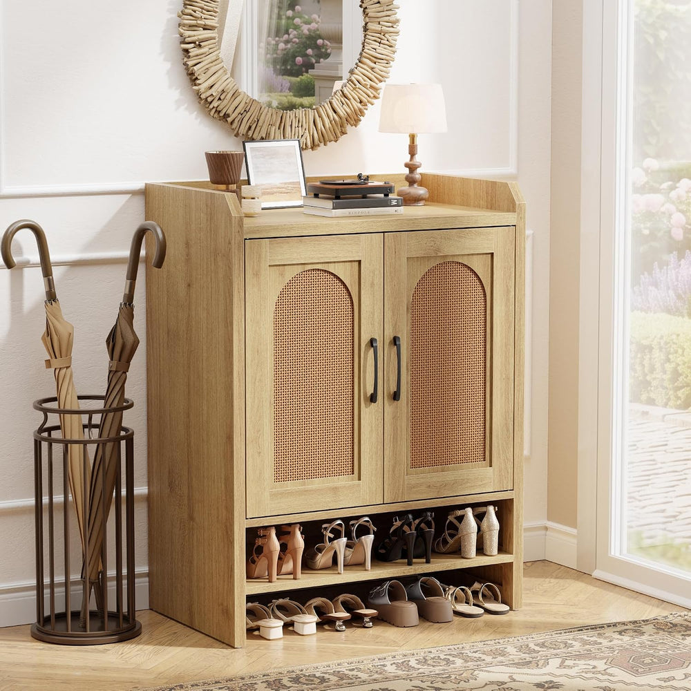 5-Tier Rattan Shoe Cabinet with Doors, 1.2" Thick Hidden Shoe Rack, Natural