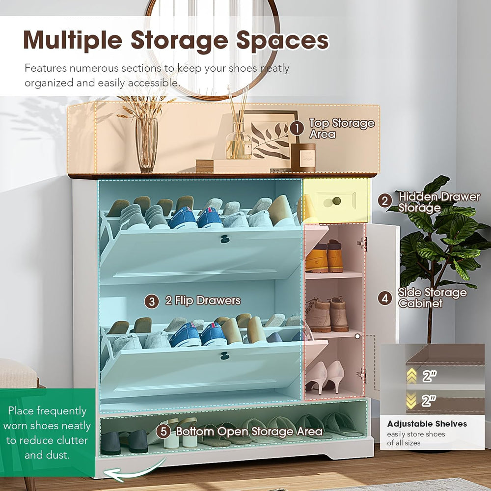 Patiorama Shoe Cabinet with 2 Flip Drawers, Side Cabinet, White