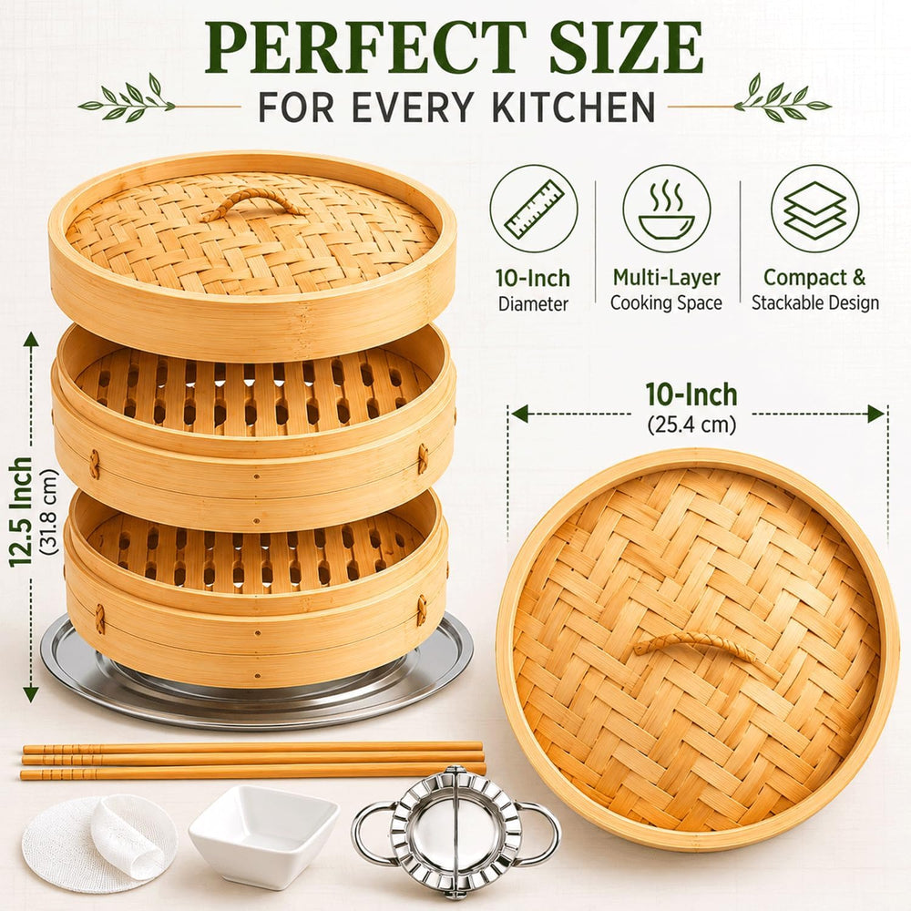 Bamboo Steamer Basket 10 Inch, 2-Tier Dumpling Steamer for Bao Buns, Dim Sum,...