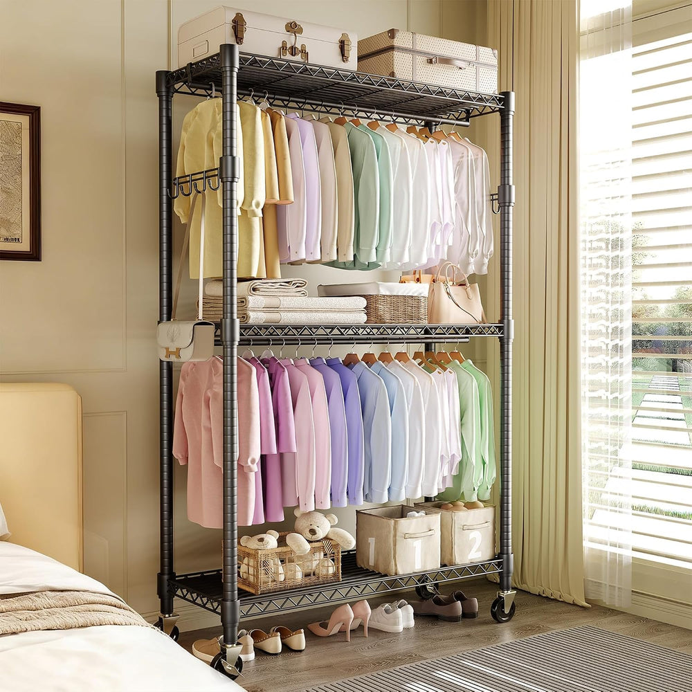 Garvee 3 Tier Clothes Rack with Wheels, Adjustable Shelves & 2 Hanging Ro...