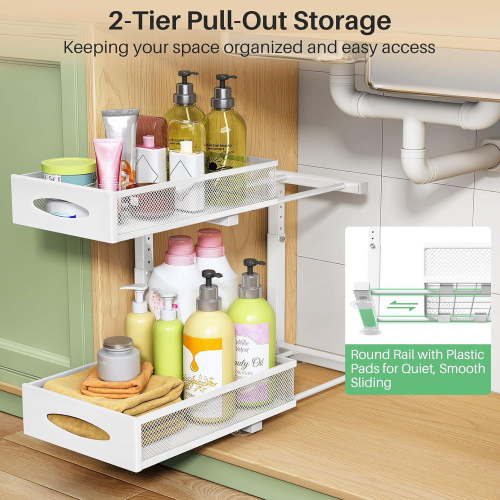 Under Sink Organizer, 2 Tier Pull out Cabinet Organizer Baskets with Mesh Sli...