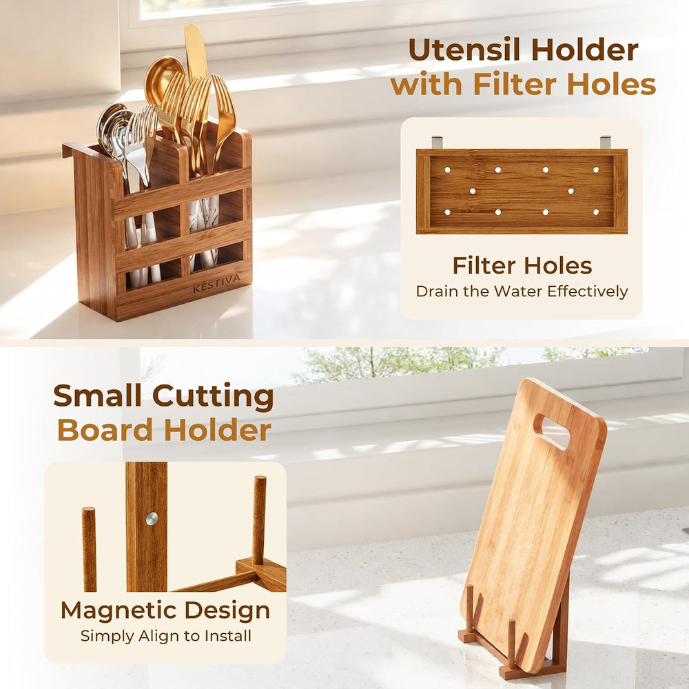 Teak Dish Drying Rack with Utensil Holder 3 Tier Dish Drainer