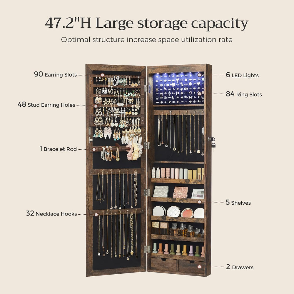 SONGMICS 6 LEDs Mirror Jewelry Cabinet, 47.2-Inch Tall, Lockable