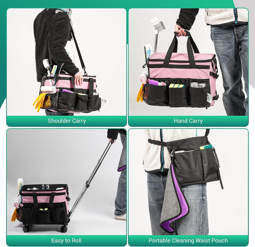 Rolling Cleaning Caddy Bag w/Detachable Trolley & Lid (Pink)