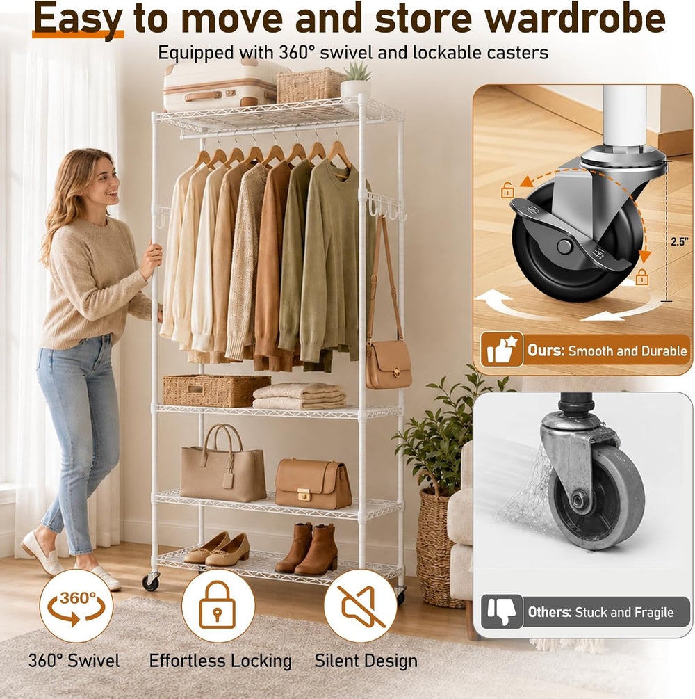 Rolling Clothes Rack for Portable Closet Organizers and Storage