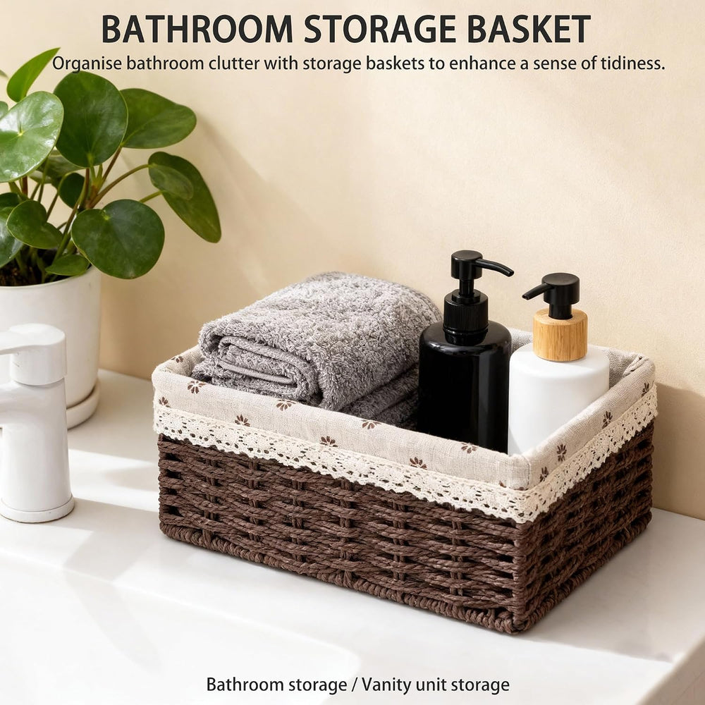 Set of 3 Dark Brown Woven Storage Basket for Drawers & Shelves
