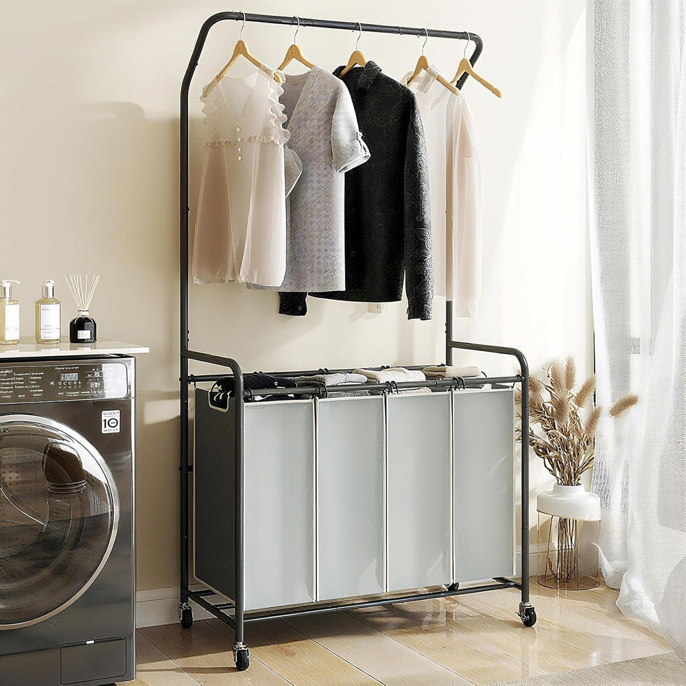 ROMOON Laundry Hamper Sorter Cart, 4 Section Organizer with Hanging Bar
