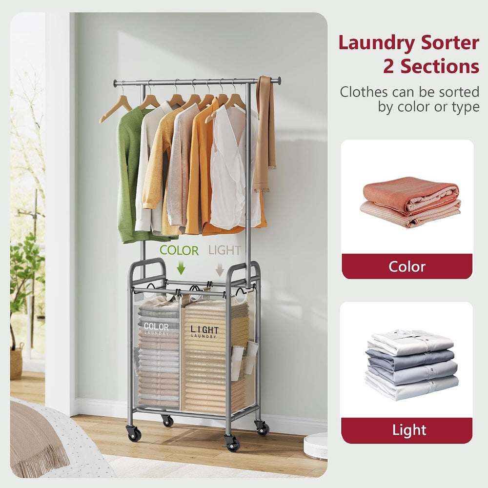 Tajsoon 2 Section Laundry Sorter Hamper with Hanging Rack, Beige & Gray