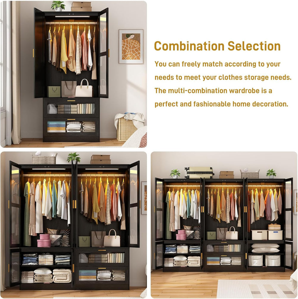 6 Doors Armoire Wardrobe Closet with LED and Mirror,71" H Freestanding W...