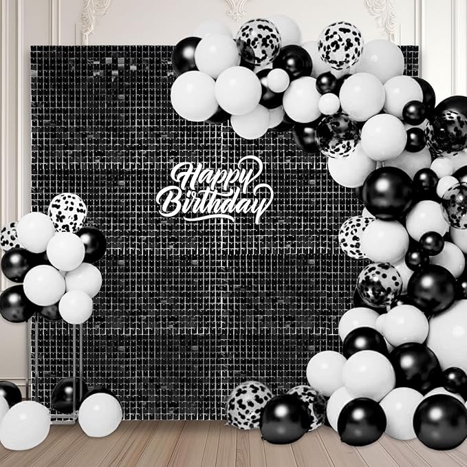 12PCS Black Shimmer Wall Backdrop, Square Sequin Photo Backdrops Panel, Glitt...