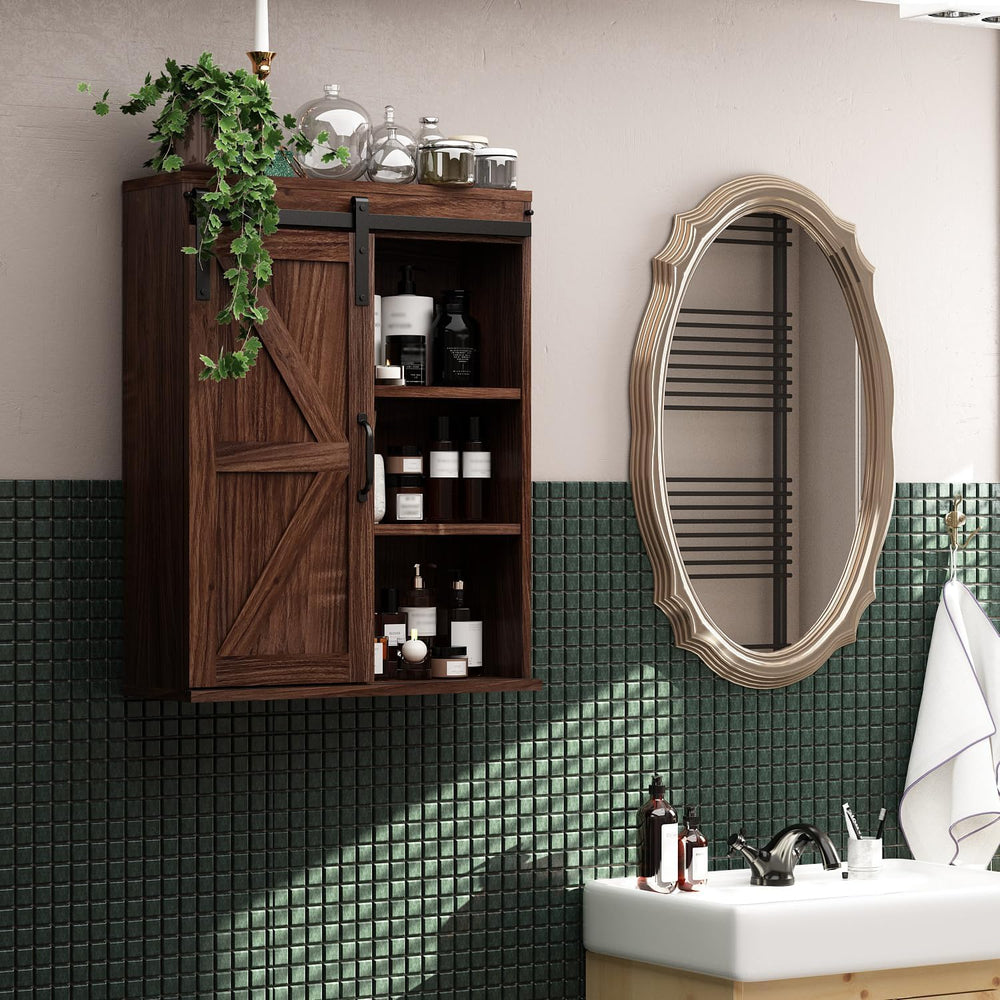 RUSTOWN Farmhouse Bathroom Wall Cabinet with Sliding Barn Door