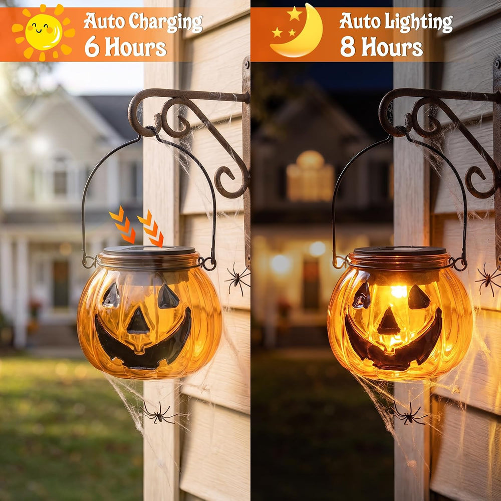 Brizled Halloween Pumpkin Solar Lantern, 2 Pack Glass Hanging Light Outdoor