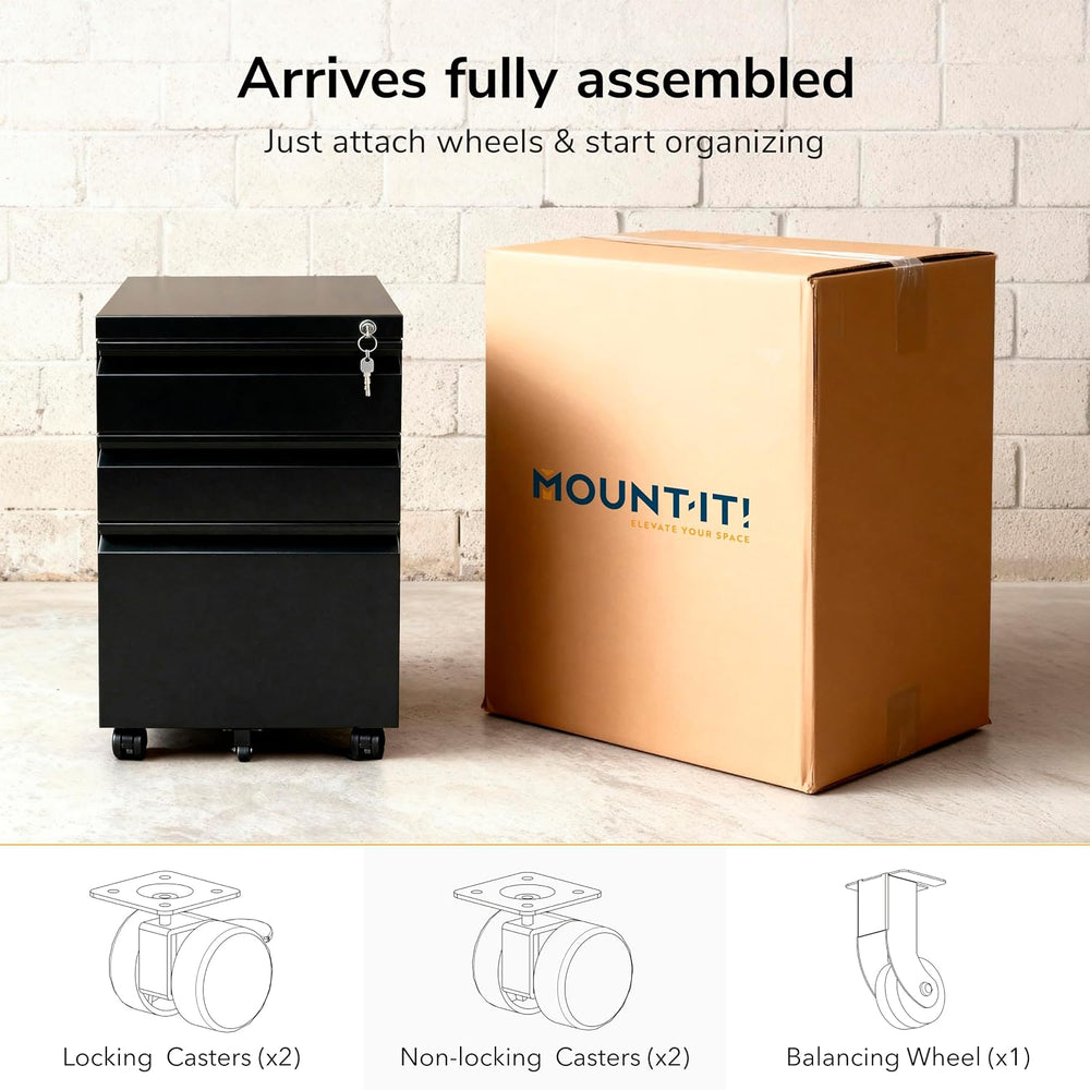 Mount-It! 3 Drawer File Cabinet with Lock and Wheels, Heavy-Duty Steel Rollin...