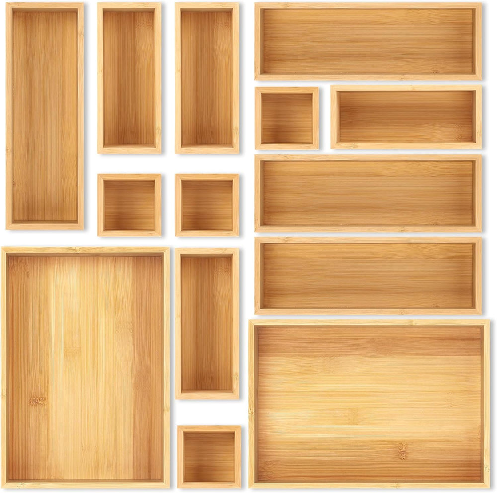 Bamboo Drawer Organizer Set, 14 PCS Wood Storage Organizers
