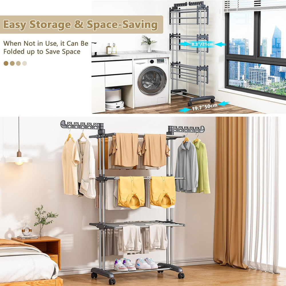 Upgraded 4-Tier Clothes Drying Rack, Drying Rack Clothing with Wheels