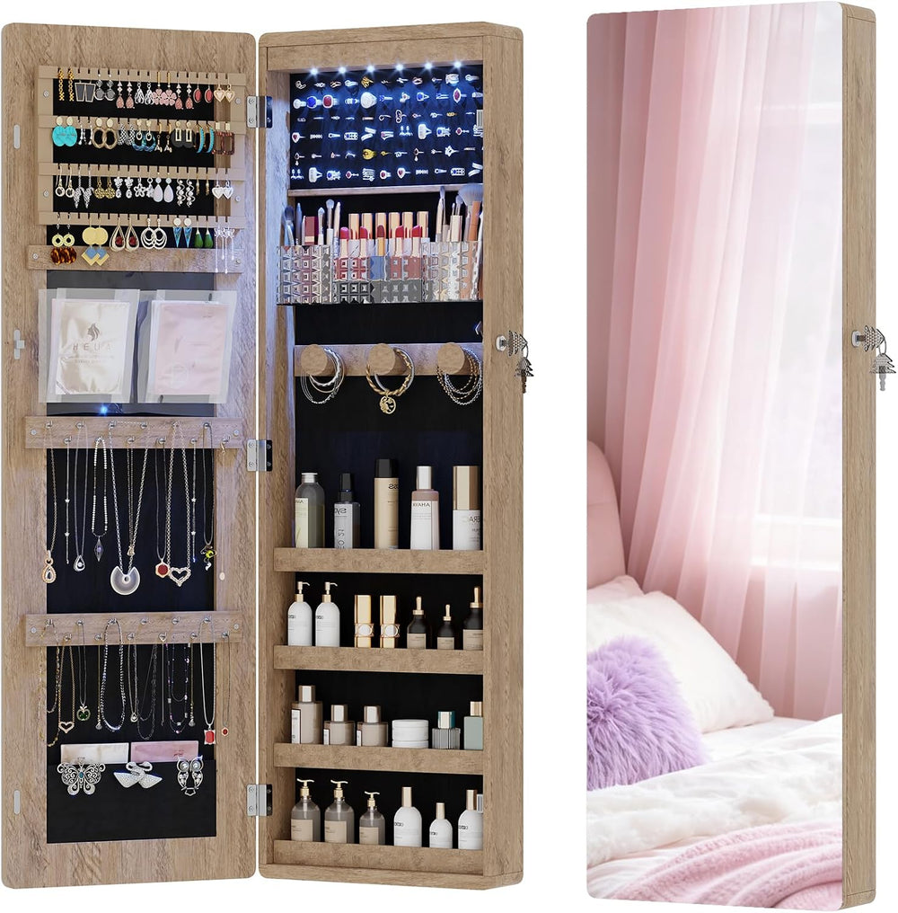 HNEBC Over the Door Organizer, Jewelry Cabinet with Lights,Brown