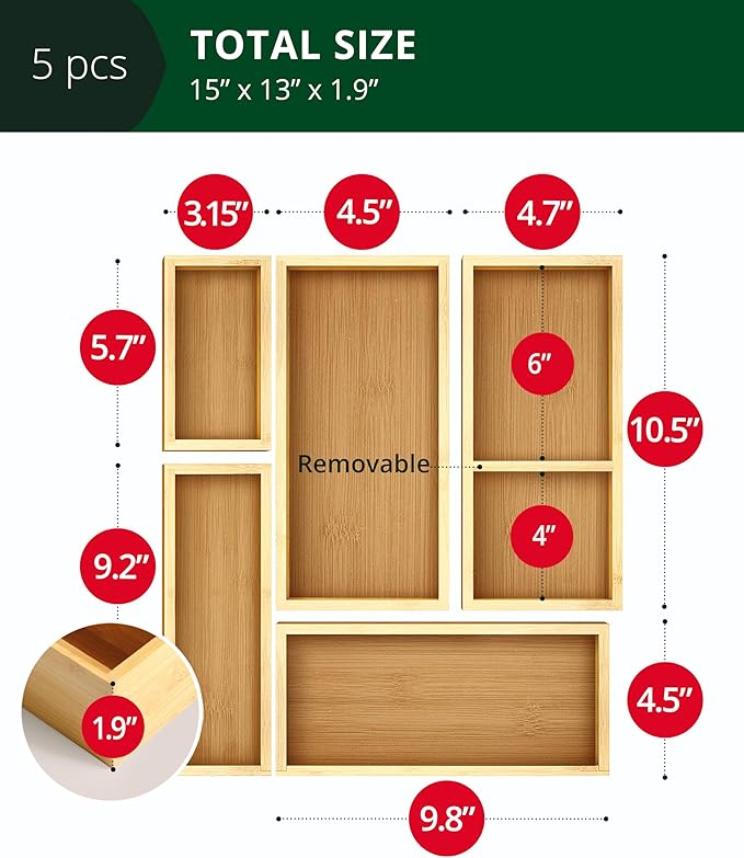 ROYAL CRAFT WOOD 5-Piece Bamboo Drawer Organizer Set – Multi-Use Storage Trays
