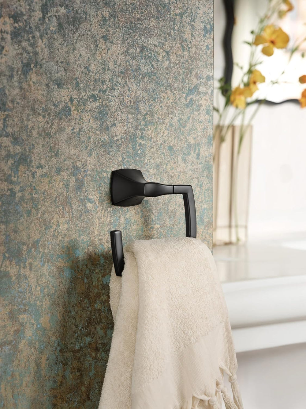 Moen Voss Matte Black Modern Square Wall Mount Bathroom Hand Towel Ring, YB51...
