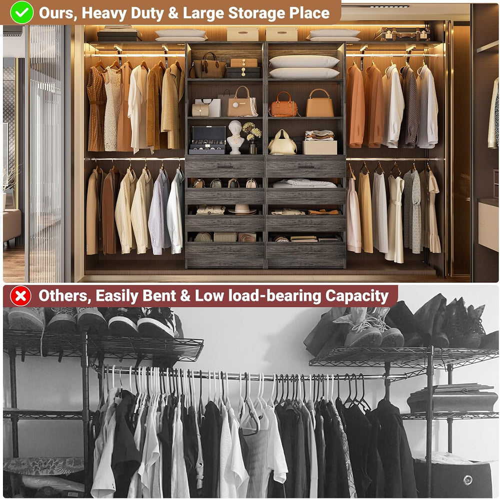 Aheaplus Closet System, Wood Closet Organizer System with 8 Drawers &4 Rods