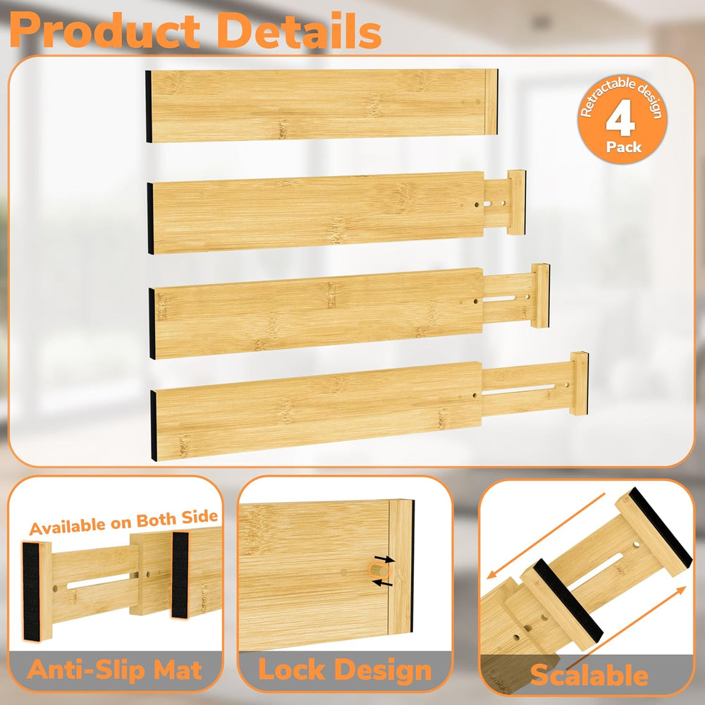 BAMEOS Bamboo Expandable Drawer Dividers – Fits 16.65"–22" Drawers,...
