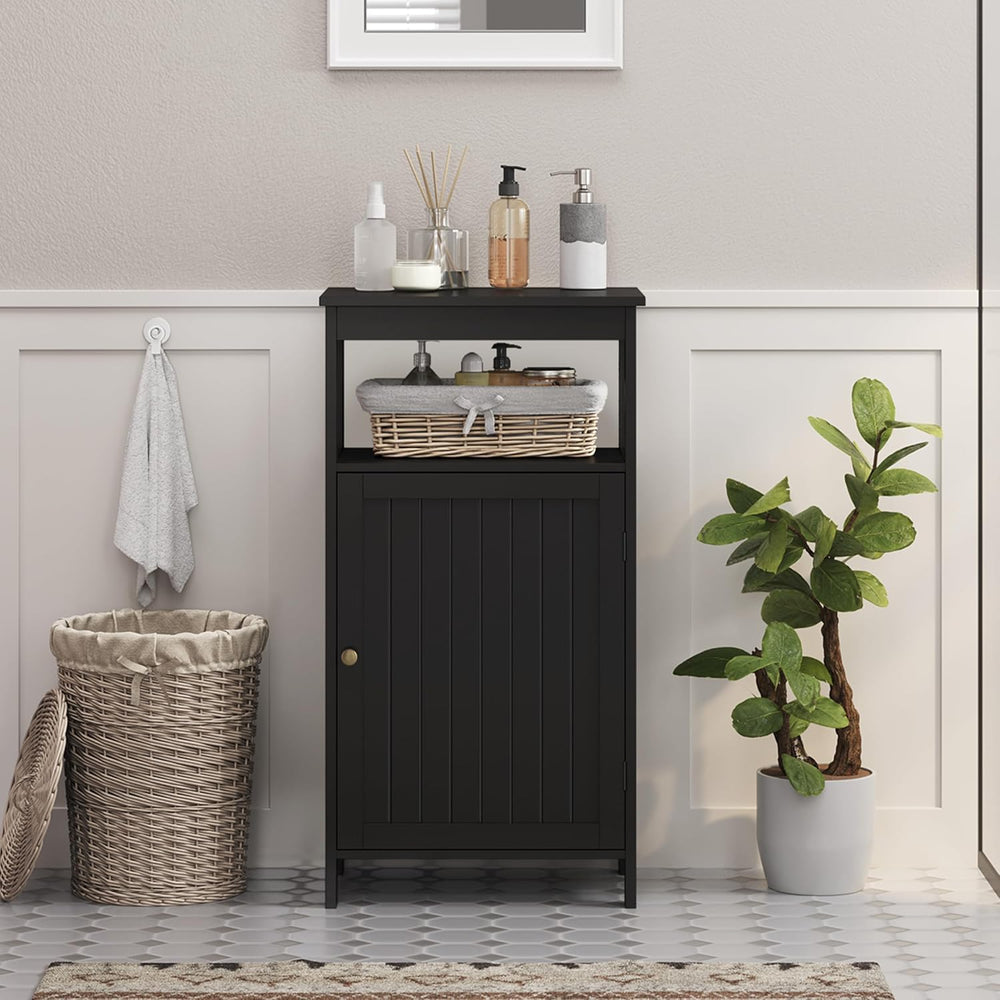 Yaheetech Small Bathroom Storage Cabinet with Door & Open Shelf, Black